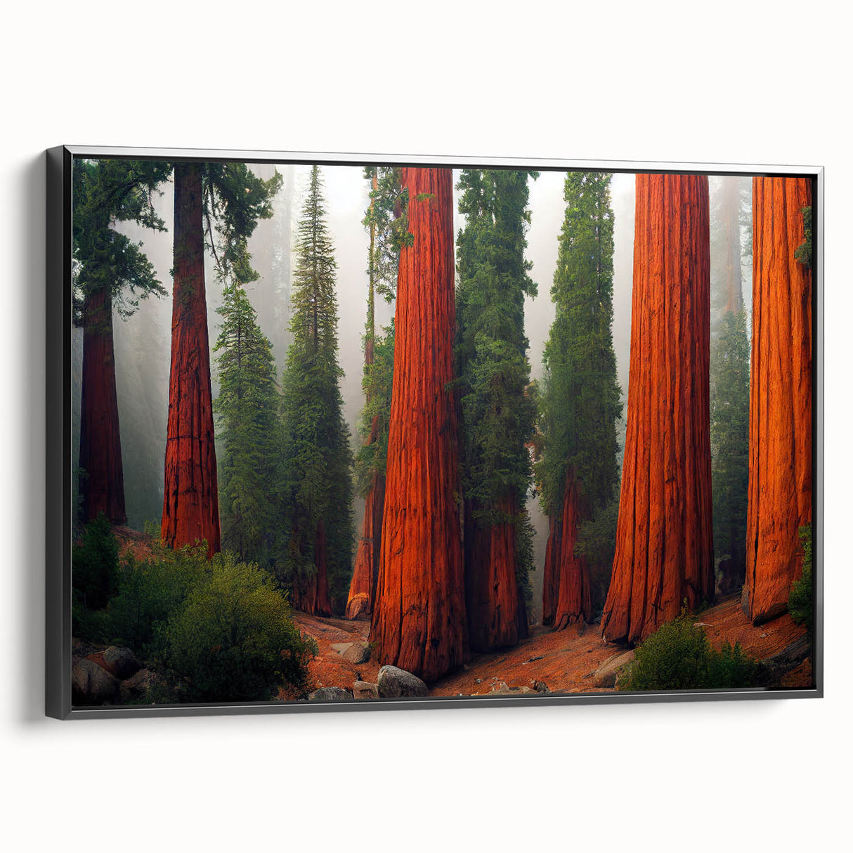Framed canvas wall art featuring a botanical design of redwood trees, showcasing intricate details and rich colors, set against a sleek black frame, ideal for nature lovers.