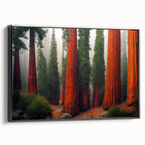 Framed canvas wall art featuring a botanical design of redwood trees, showcasing intricate details and rich colors, set against a sleek black frame, ideal for nature lovers.