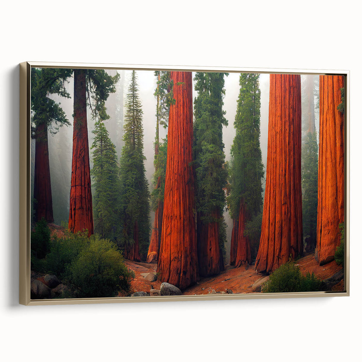 Framed wall art featuring a botanical design of redwood trees in vibrant colors, showcasing intricate details against a gold border for a stylish home decor accent.