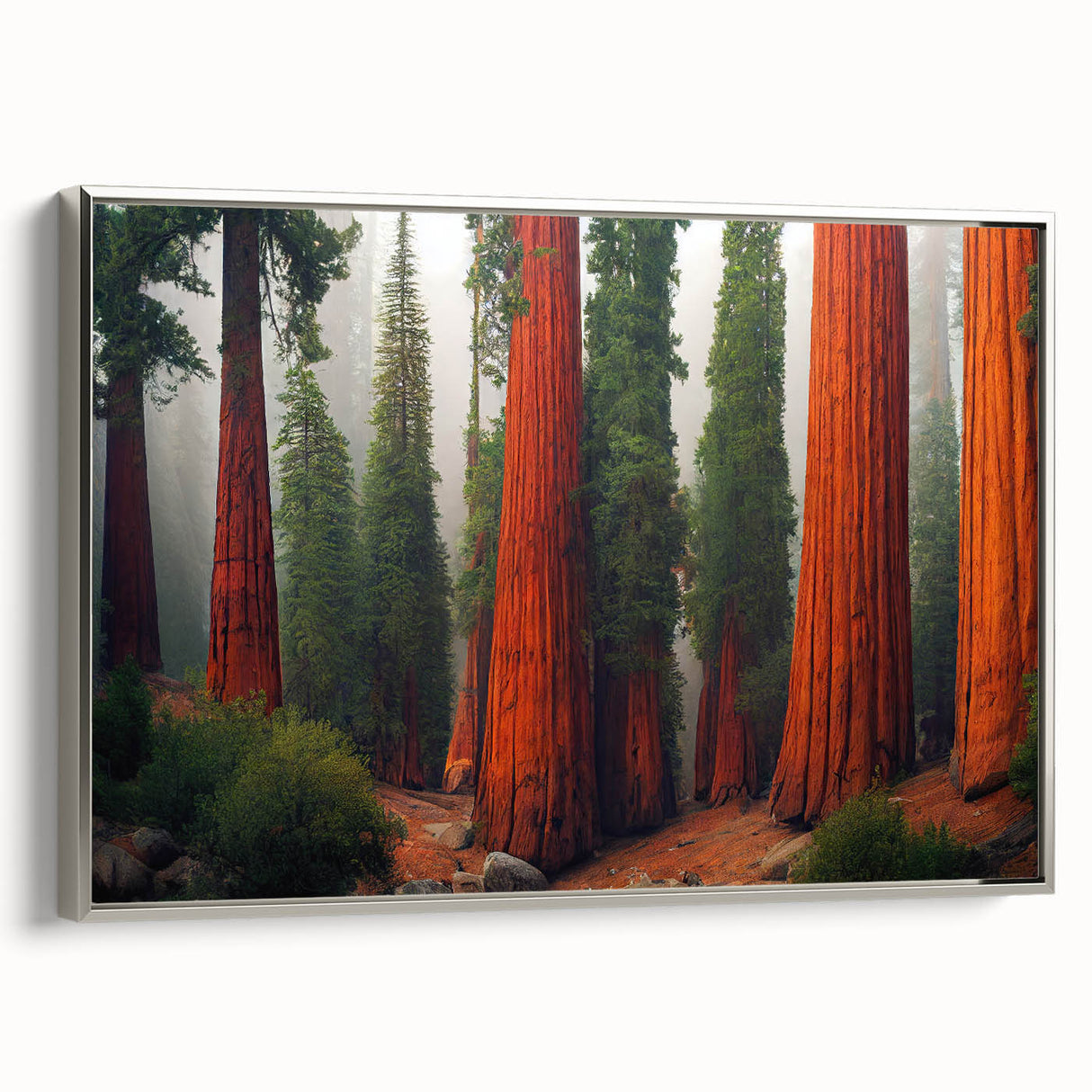 Framed canvas wall art showcasing a vibrant botanical design featuring redwood trees, highlighted by a sleek silver frame, perfect for nature-themed decor.