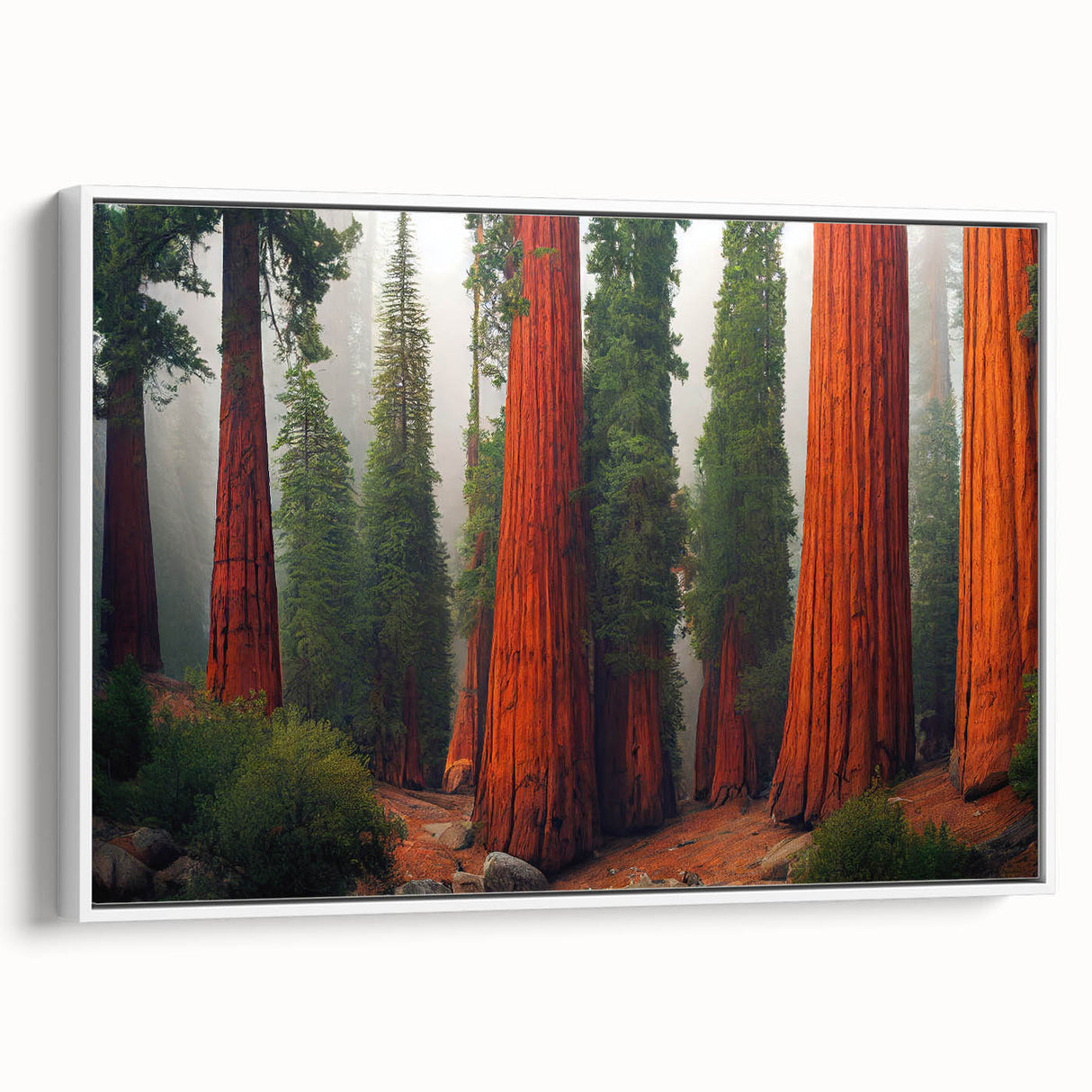 Framed canvas wall art featuring a vibrant botanical design of redwood trees, showcasing intricate details and a sleek white frame, ideal for nature-themed decor.