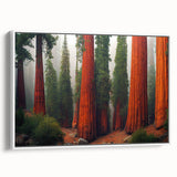 Framed canvas wall art featuring a vibrant botanical design of redwood trees, showcasing intricate details and a sleek white frame, ideal for nature-themed decor.