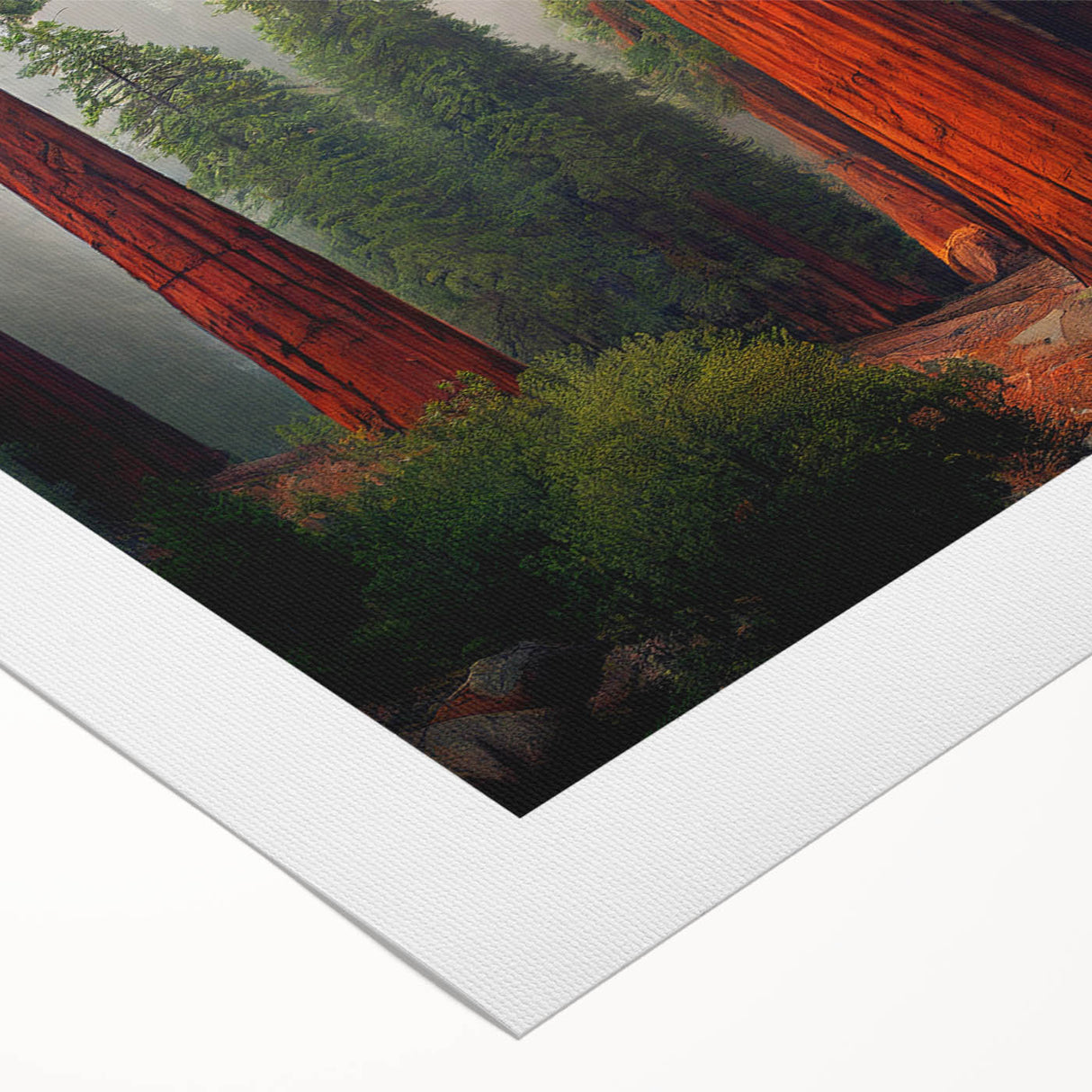 Vibrant rolled canvas wall art showcasing a botanical design of redwood trees, featuring rich greens and browns, ideal for nature-themed decor and eco-friendly spaces.