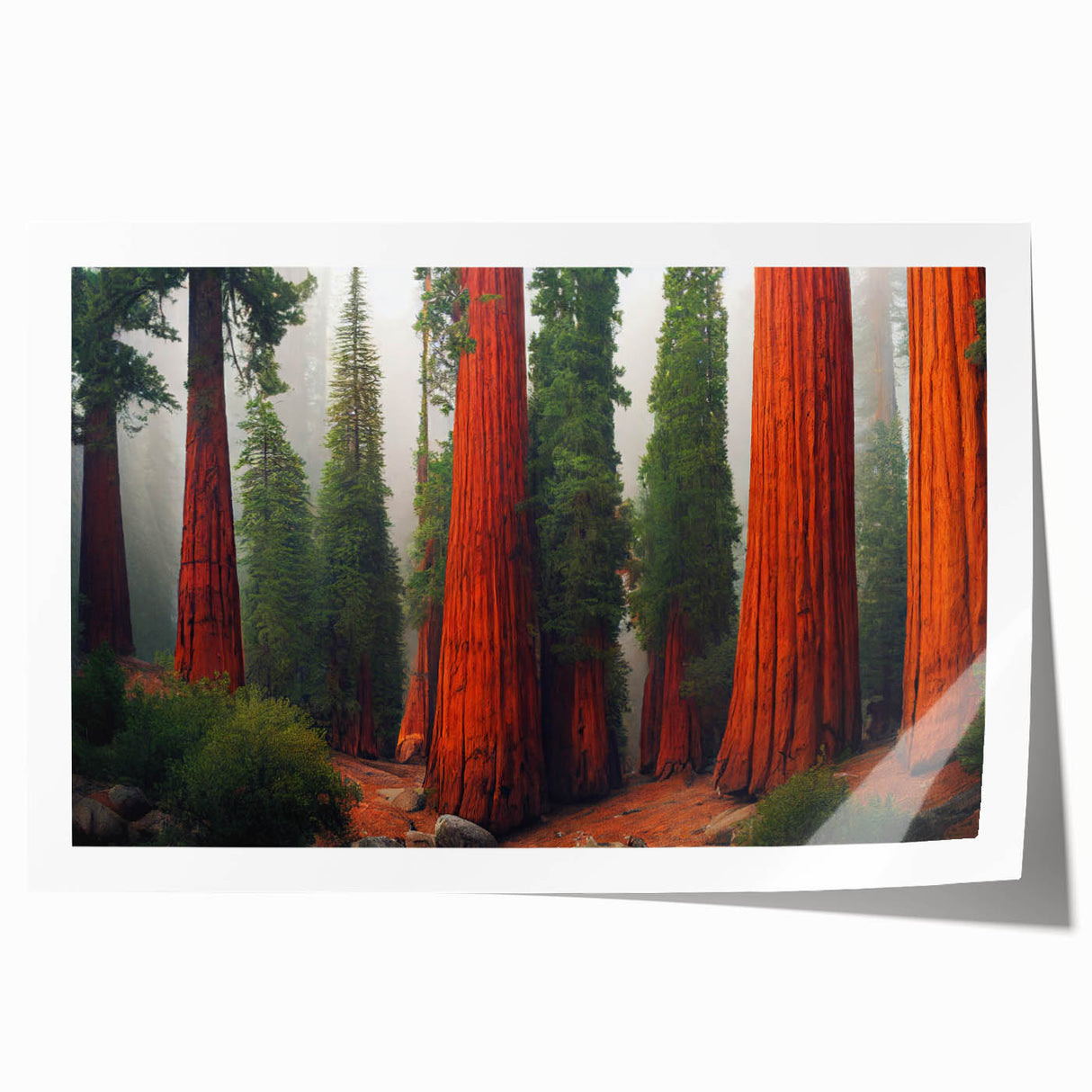 Botanical wall art print showcasing vibrant redwood trees surrounded by colorful flowers, rolled and ready for display. Ideal for nature enthusiasts and home decor.