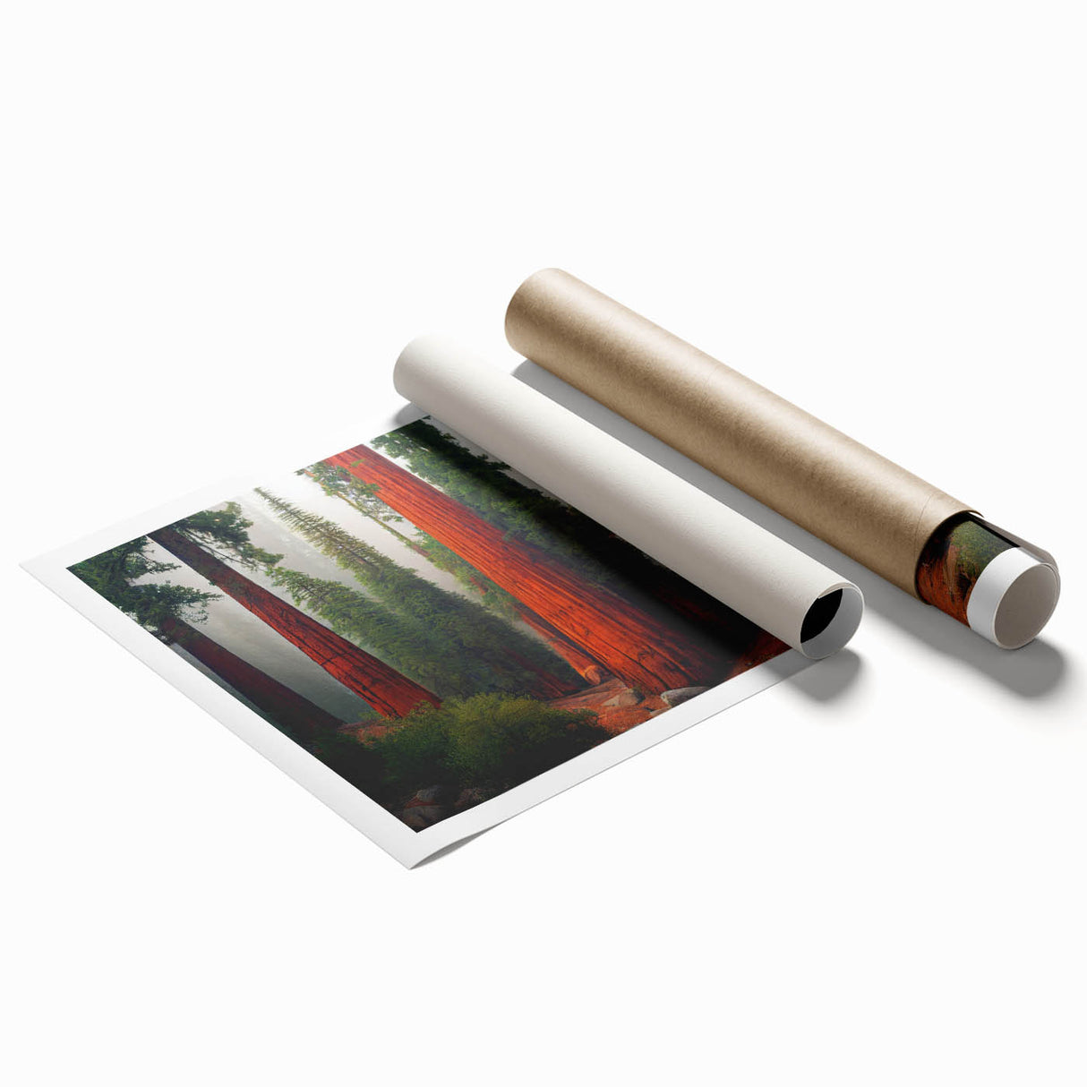Botanical wall art print showcasing vibrant redwood trees surrounded by colorful flowers, rolled and ready for display, perfect for nature enthusiasts and home decor.