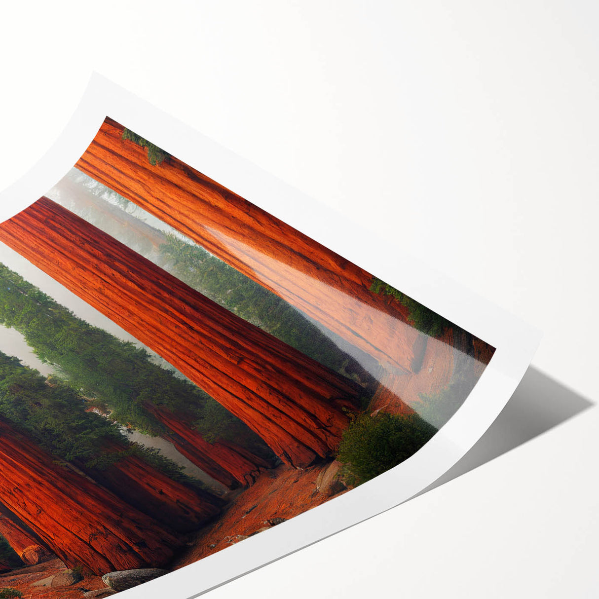 Botanical wall art print showcasing vibrant redwood trees and colorful flowers, rolled for easy transport and display, ideal for nature-themed decor.
