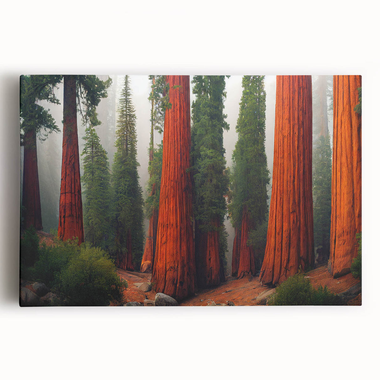 Stretched canvas wall art showcasing a vibrant botanical design featuring redwood trees, ideal for nature-inspired decor, adding a touch of tranquility to any space.