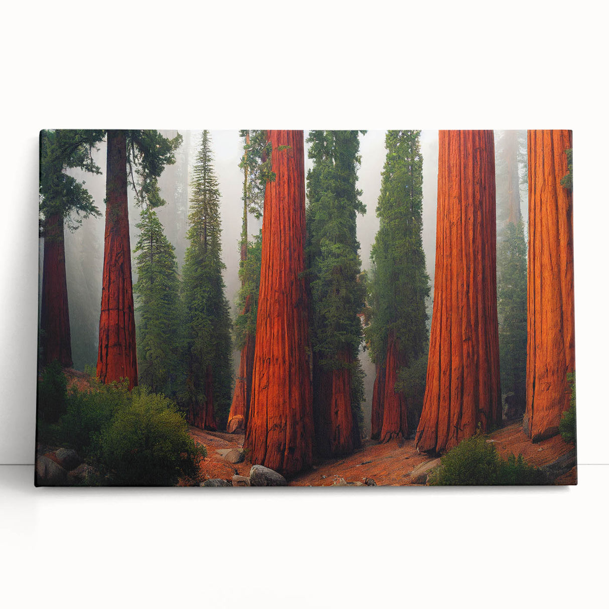 Stretched canvas wall art featuring a vibrant botanical design of redwood trees, showcasing intricate details and rich colors, perfect for nature lovers' decor.