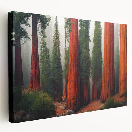Stretched canvas wall art featuring a vibrant botanical design of redwood trees, showcasing intricate details and rich colors, perfect for nature-themed decor.