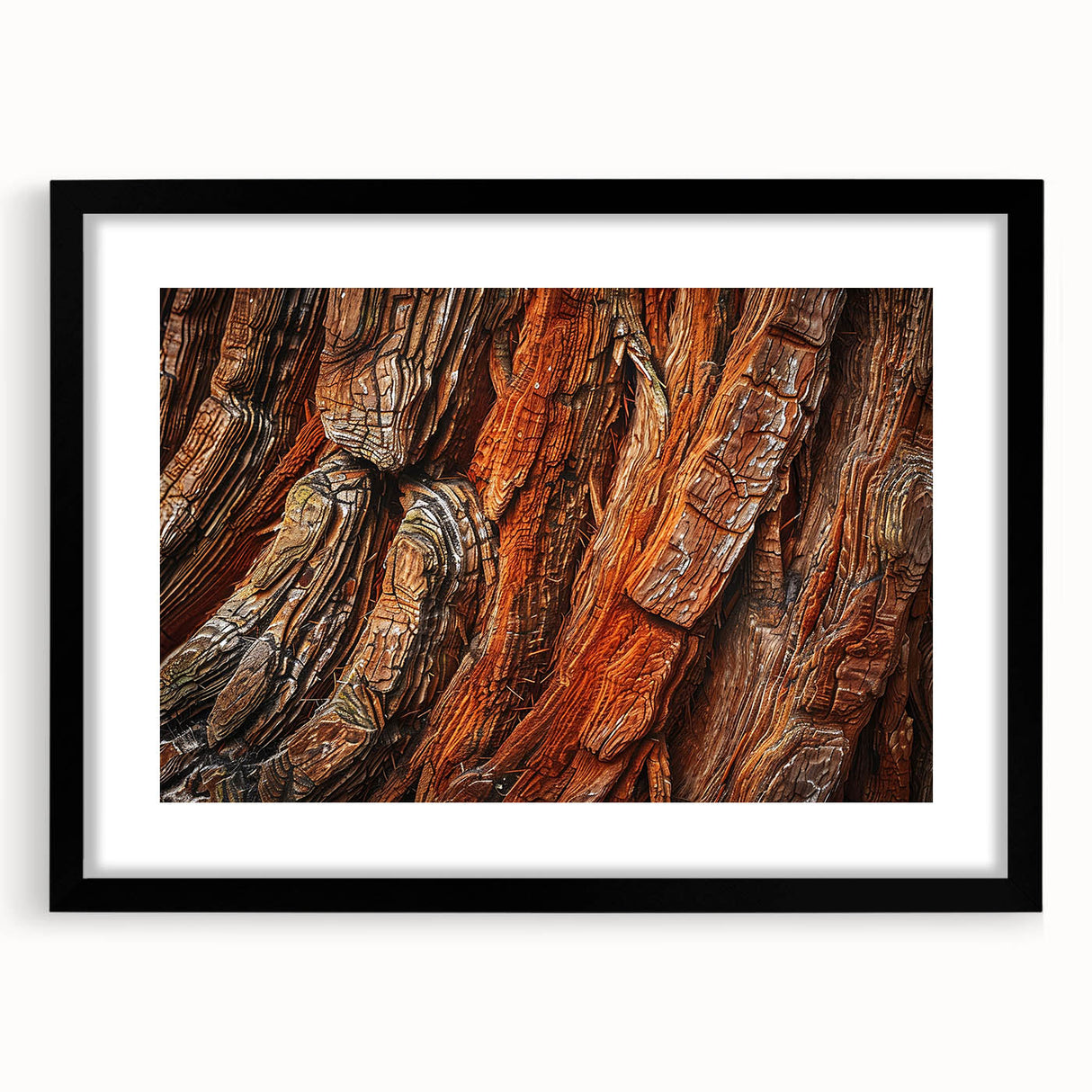 Framed botanical wall art featuring vibrant flowers and redwood trees design, showcased in a sleek black frame with a mat, perfect for nature-inspired decor.