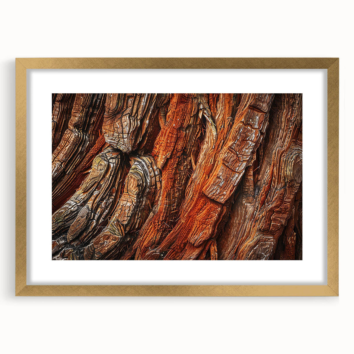 Framed botanical wall art showcasing vibrant flowers and redwood trees, elegantly matted and bordered in gold, perfect for enhancing home decor with nature's beauty.