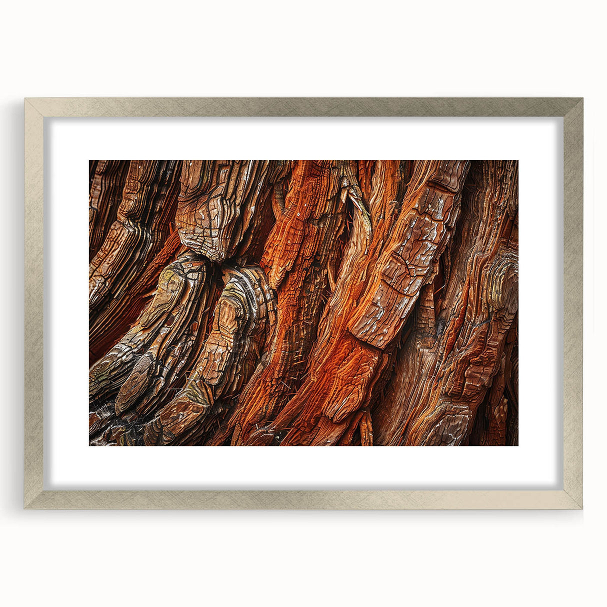 Framed botanical wall art featuring vibrant redwood tree illustrations, elegantly matted with a silver frame, perfect for nature-themed decor. Ideal for enhancing living spaces.