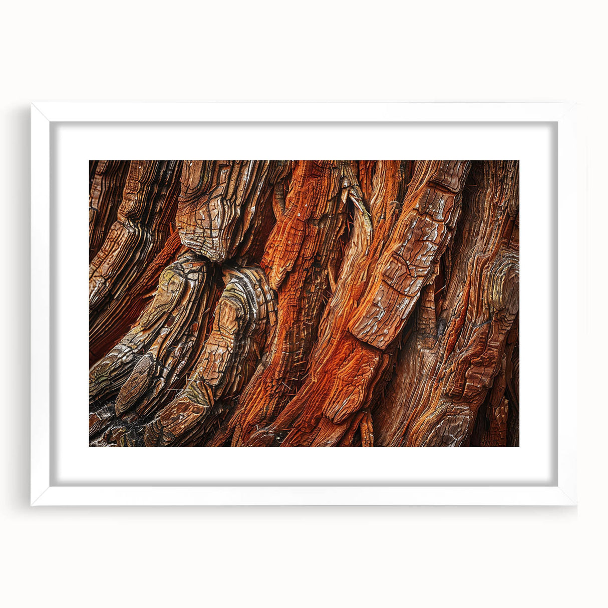 Botanical wall art featuring a vibrant design of redwood trees and flowers, framed with a white mat, perfect for enhancing home decor with a natural theme.