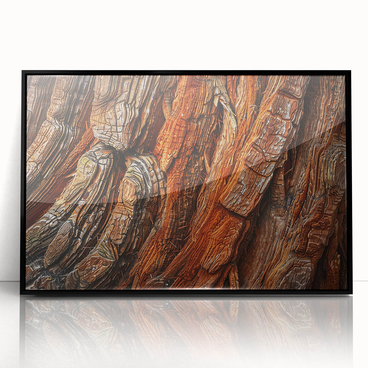 Framed wall art collection showcasing a botanical design with vibrant redwood trees, featuring a sleek black frame and acrylic front for modern decor enhancement.