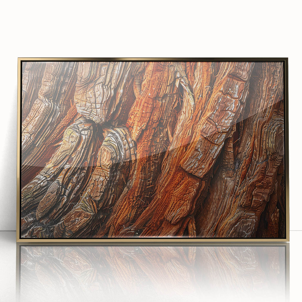 Framed wall art featuring a botanical design of vibrant redwood trees with gold accents, showcasing intricate details and a modern aesthetic for home decor.