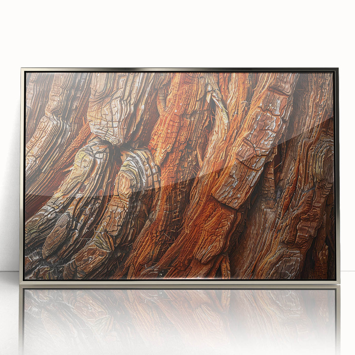 Framed wall art featuring a botanical design with vibrant redwood trees, set in a sleek silver frame, ideal for nature-themed decor. Perfect for enhancing any living space.