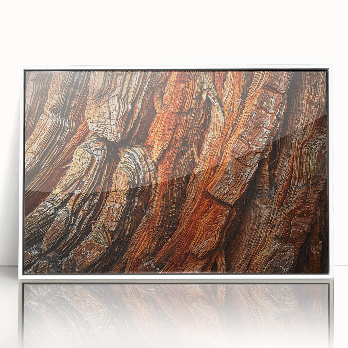 Framed wall art featuring a botanical design of vibrant flowers and towering redwood trees, displayed in a sleek white frame, ideal for enhancing home decor.