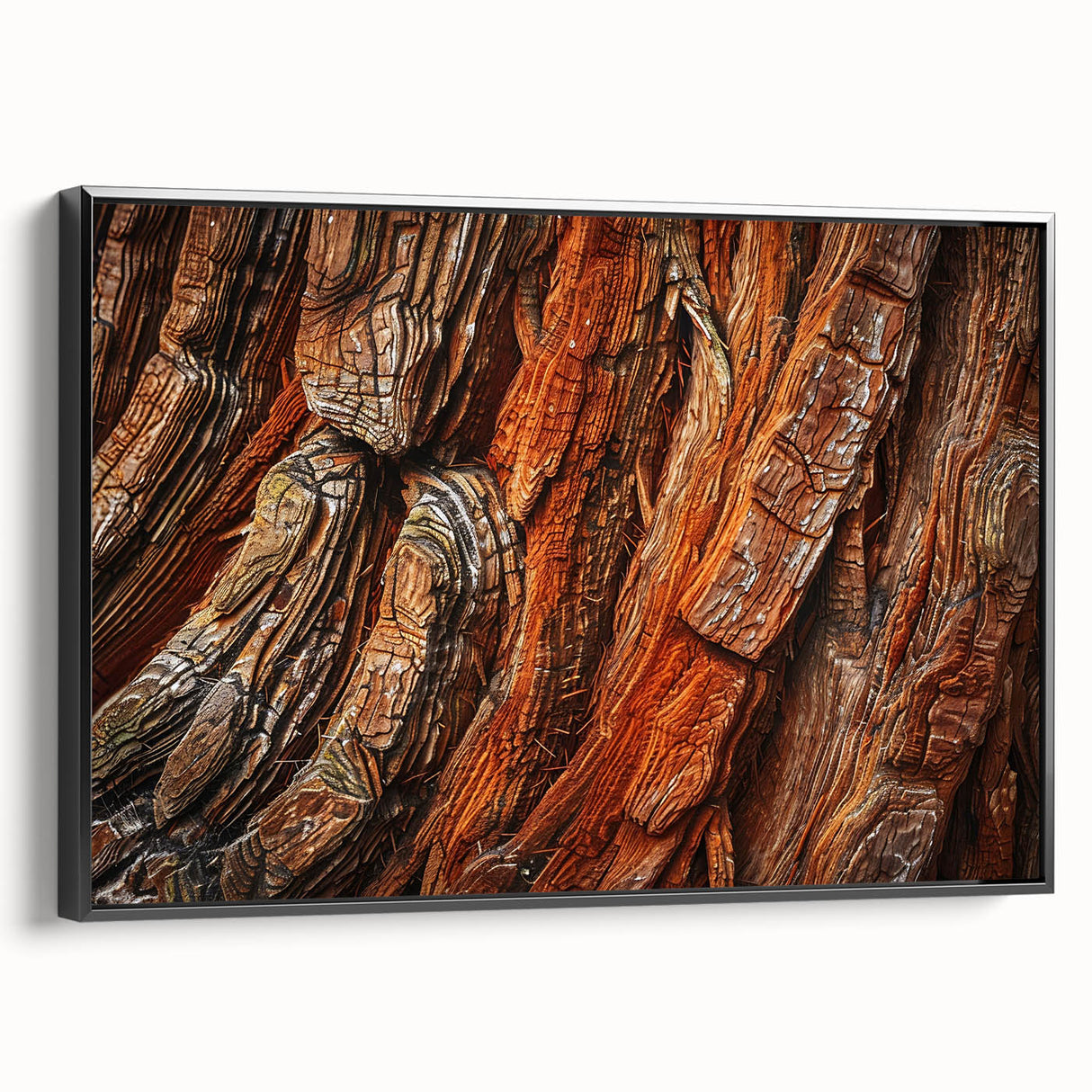 Framed wall art showcasing a botanical design of redwood trees, featuring rich green foliage and natural textures, presented in a sleek black frame for elegant decor.