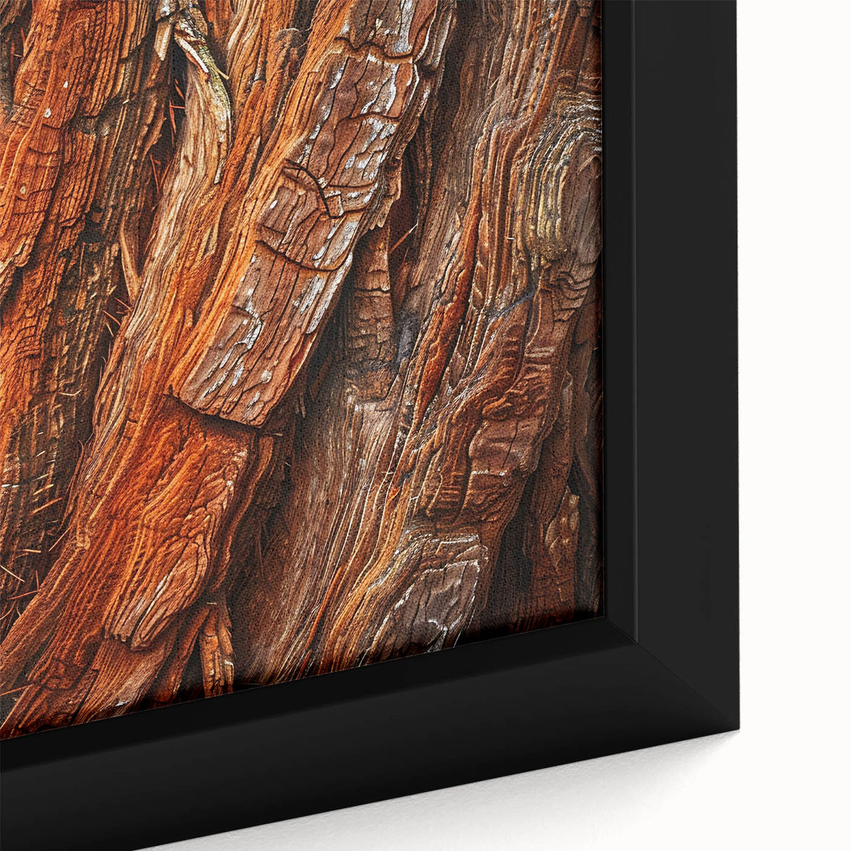Close-up of a framed botanical wall art piece showcasing vibrant flowers against a backdrop of majestic redwood trees, perfect for nature-inspired decor.