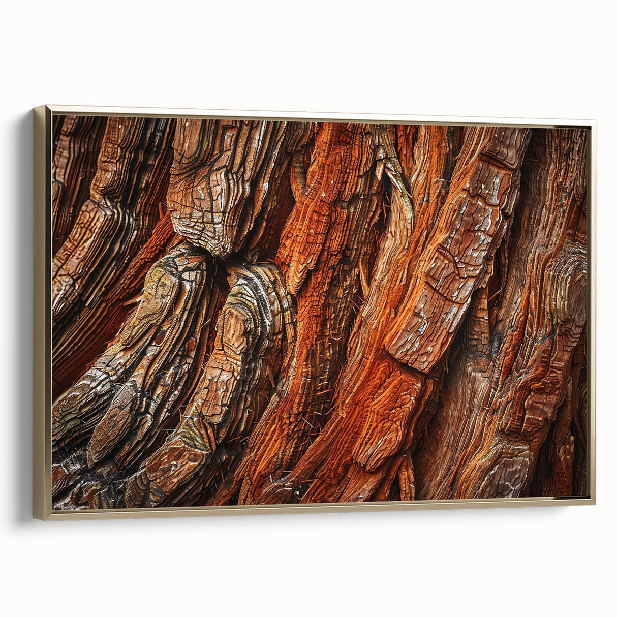 Framed wall art collection showcasing a botanical design featuring redwood trees and colorful flowers. The piece has a gold frame, enhancing its elegance and charm. Perfect for adding a natural aesthetic to home decor.