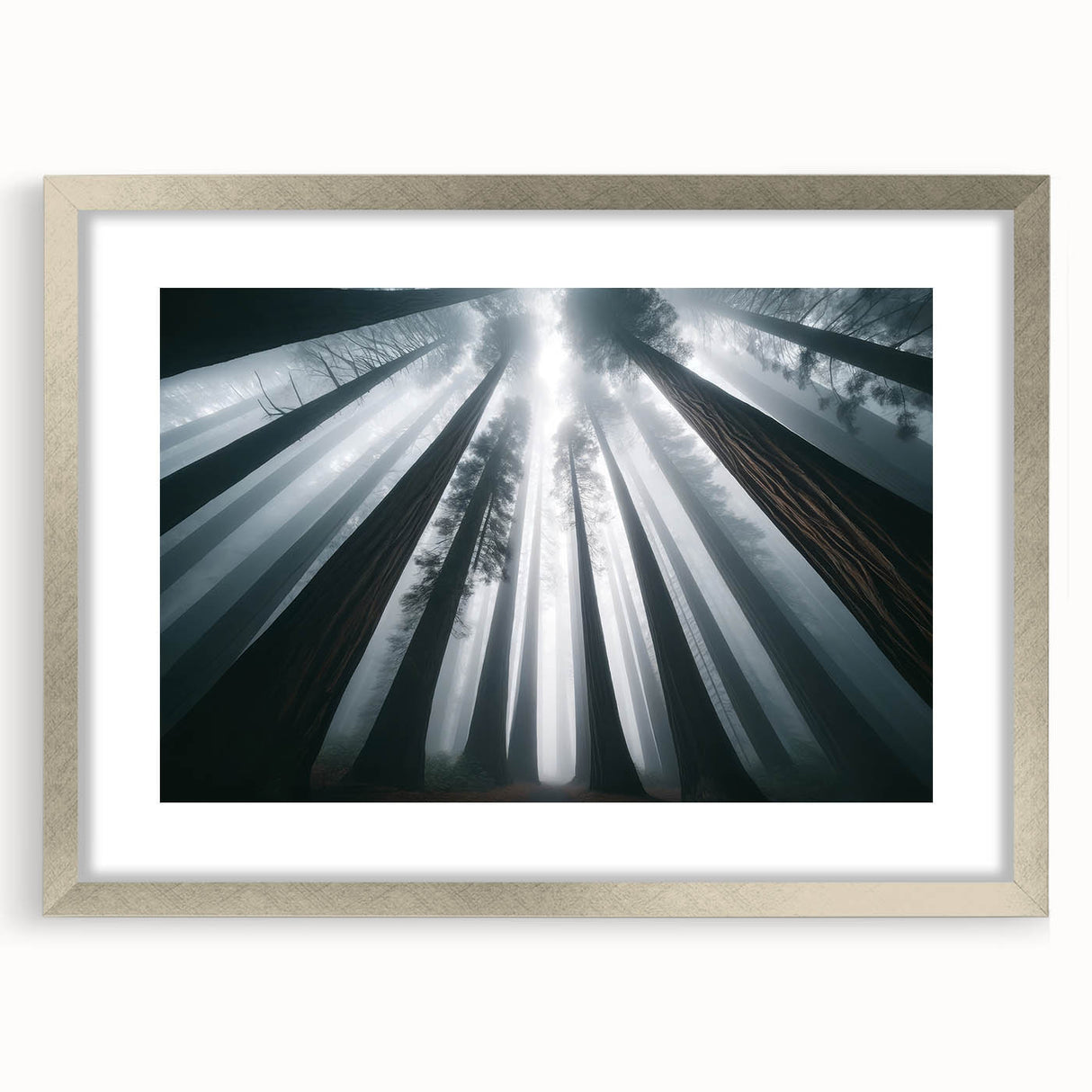 Framed wall art collection showcasing vibrant flowers and majestic redwood trees, featuring a silver mat and frame, perfect for enhancing home decor.