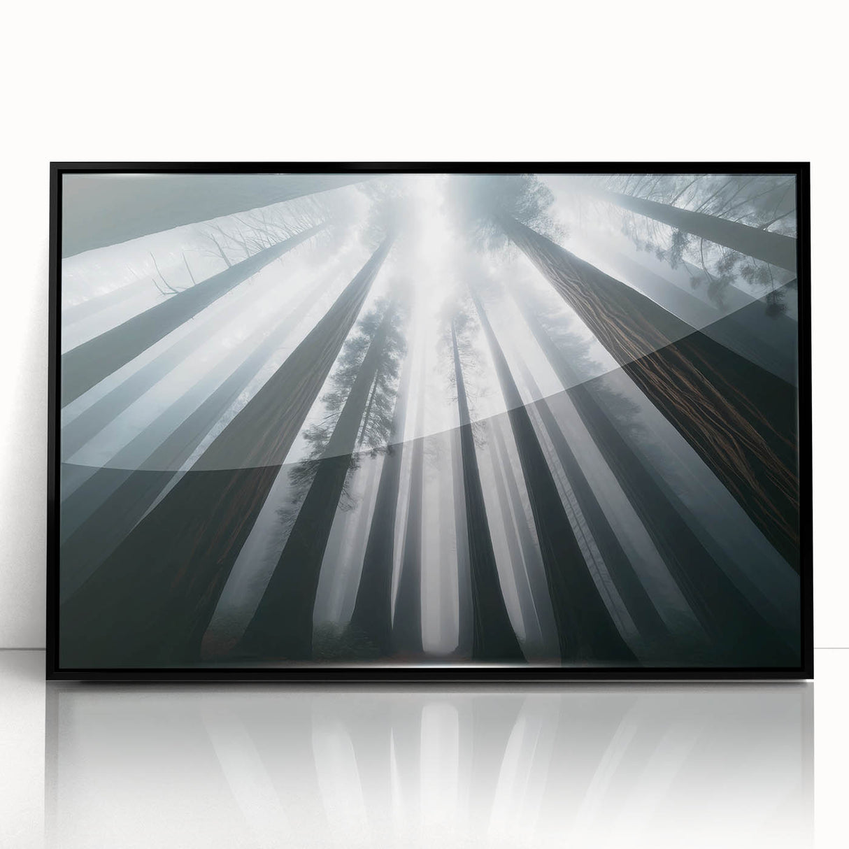 Framed wall art showcasing a vibrant botanical design featuring redwood trees, set in a black frame with acrylic glass, perfect for nature enthusiasts and home decor.