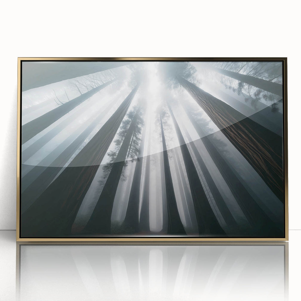 Framed wall art showcasing a vibrant botanical design of redwood trees, featuring gold accents and a sleek acrylic front, ideal for enhancing home decor.