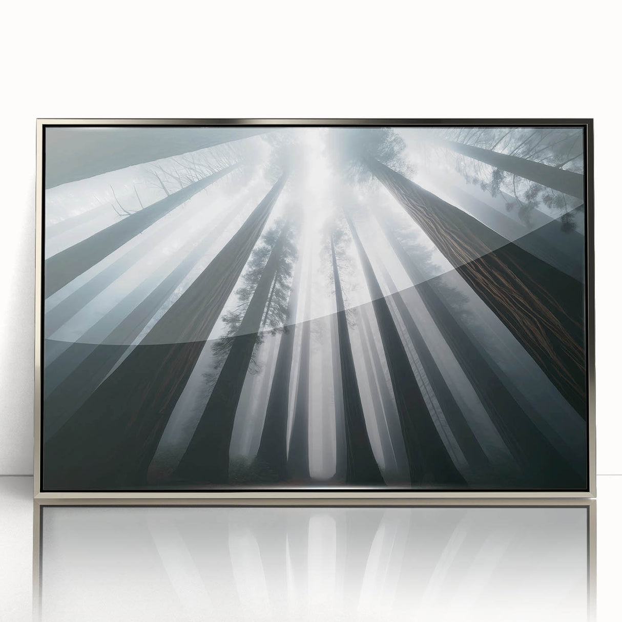 Framed wall art collection showcasing vibrant botanical illustrations of redwood trees, highlighted by a sleek silver frame, perfect for nature-inspired decor.
