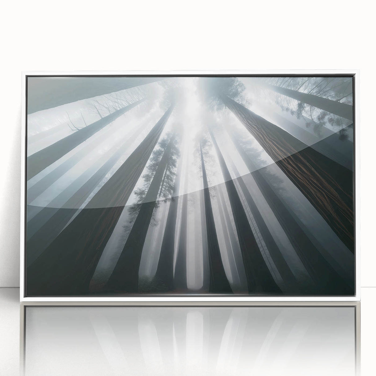 Framed wall art showcasing a vibrant botanical design of redwood trees, featuring a sleek white frame and acrylic finish, perfect for nature-inspired decor.