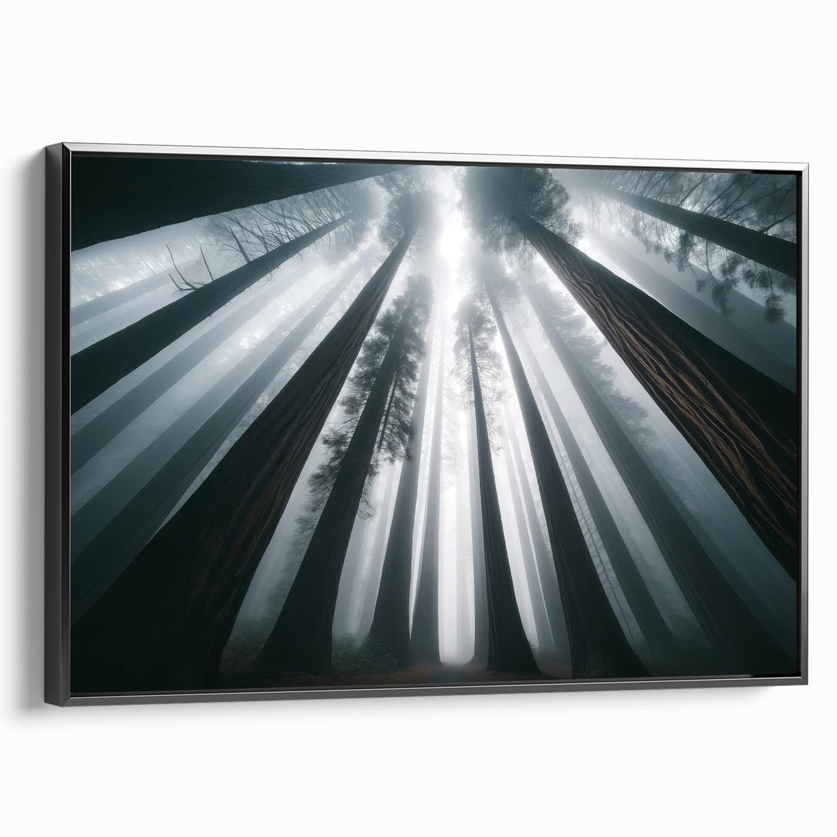 Framed canvas wall art showcasing a vibrant botanical design of redwood trees, set against a black background, ideal for nature-themed home decor.