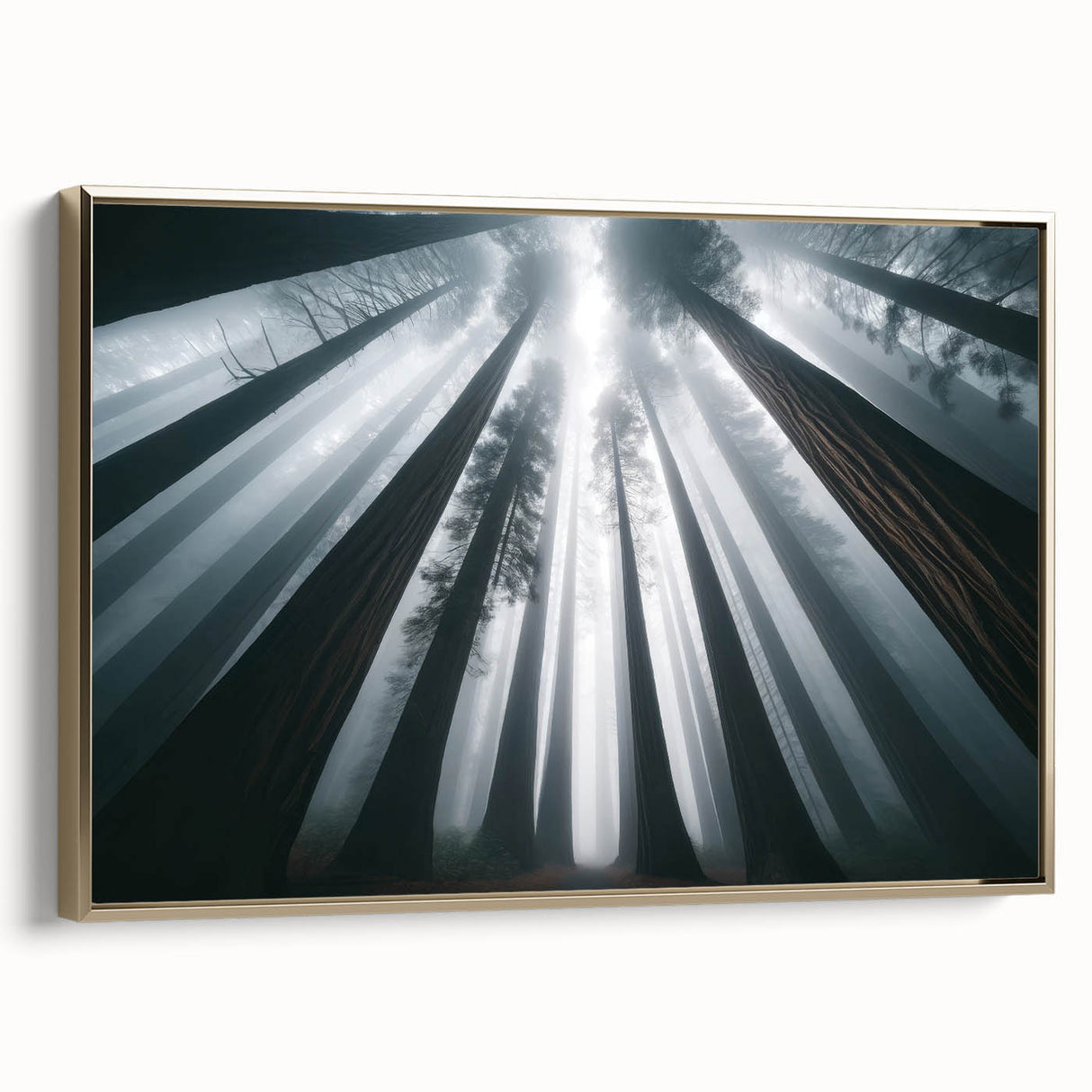 Framed canvas wall art showcasing a vibrant floral design with redwood trees, accented with gold trim, ideal for nature-inspired decor in living spaces.
