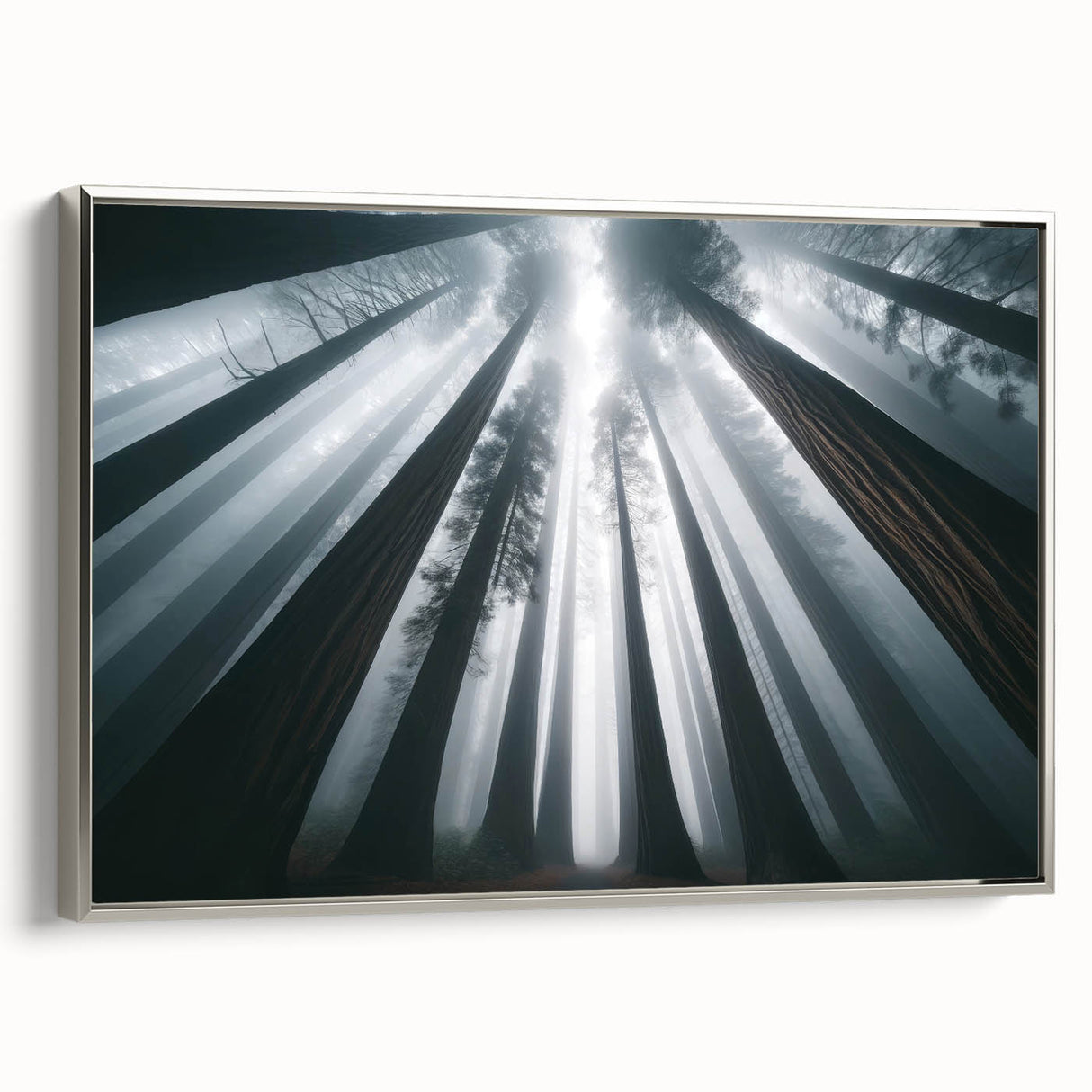 Framed wall art featuring a botanical design of redwood trees, showcasing intricate details and vibrant colors, with a sleek silver frame enhancing its elegance.