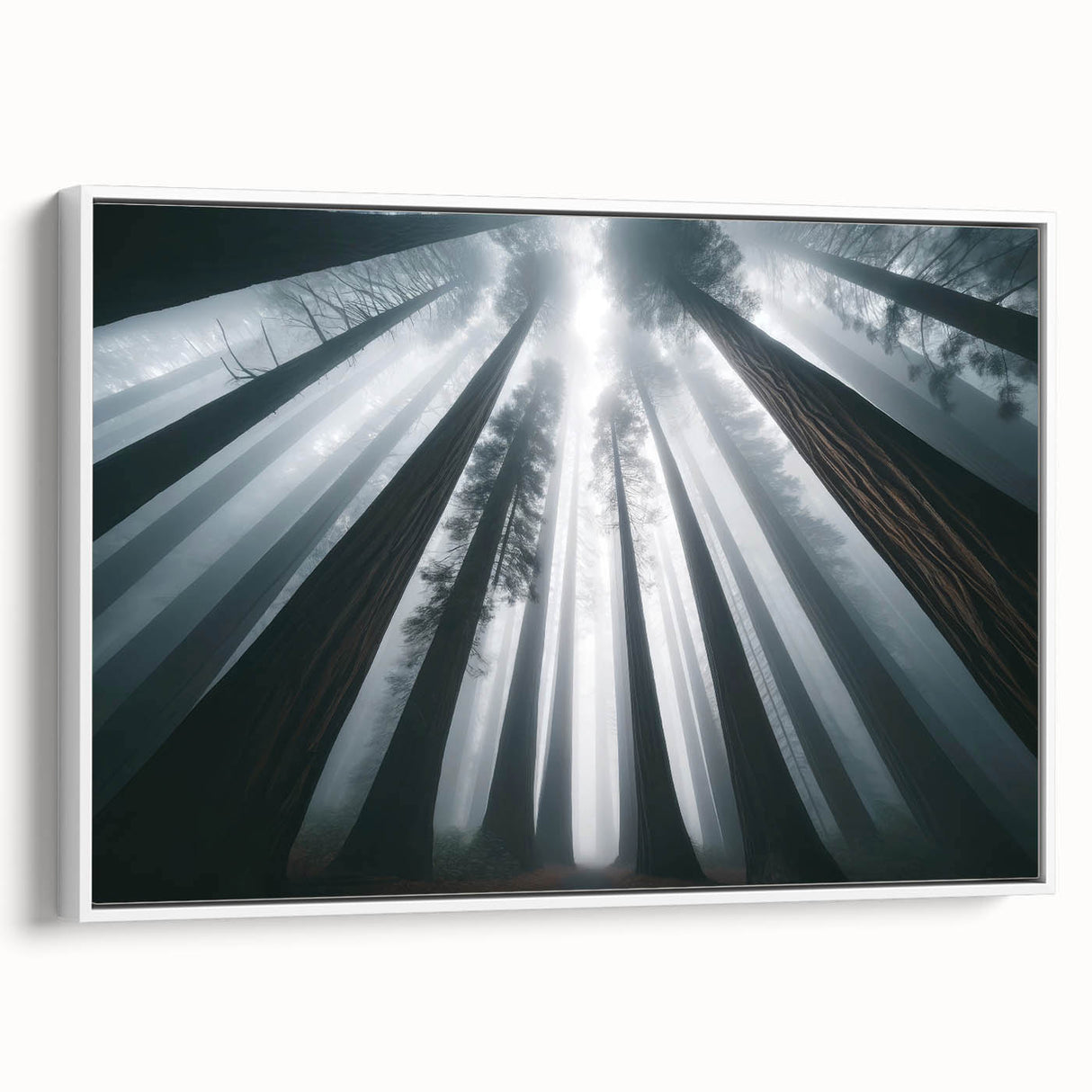 Framed canvas wall art showcasing a vibrant botanical design of redwood trees, featuring rich green foliage and earthy tones, perfect for nature-inspired decor.