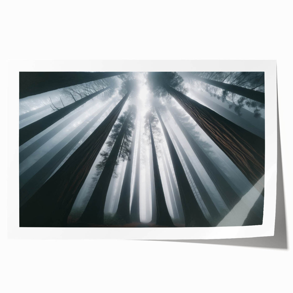 Botanical wall art print showcasing vibrant redwood trees surrounded by lush foliage, rolled for easy display and transport, ideal for nature lovers' decor.