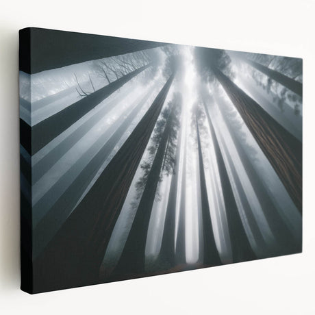 Stretched canvas wall art showcasing a vibrant botanical design of redwood trees, highlighting rich green foliage and intricate details, perfect for nature-themed decor.