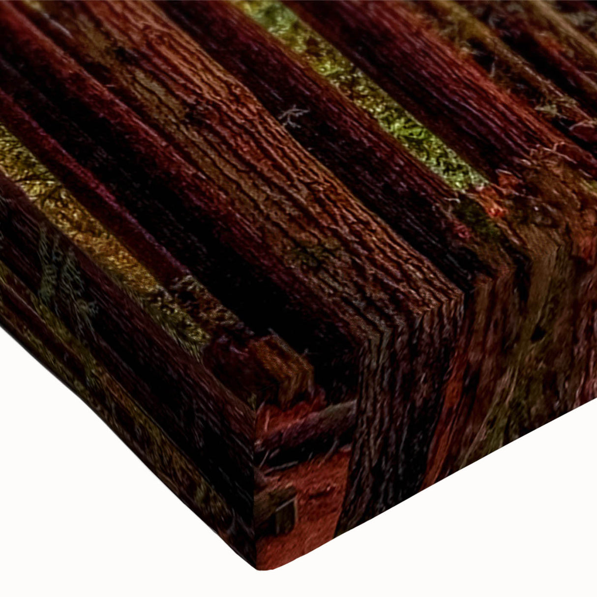 Close-up of a vibrant wall art canvas featuring an intricate botanical design of redwood trees, showcasing rich greens and earthy tones, perfect for nature lovers.