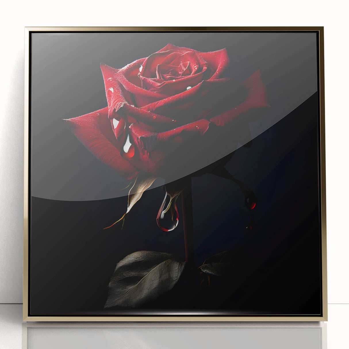 Framed wall art featuring a botanical rose design in soft pink and green hues, set in an elegant gold frame, ideal for home decor and floral enthusiasts.