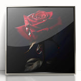 Framed wall art showcasing a botanical rose design in vibrant colors, set in a sleek silver frame, perfect for enhancing modern home decor.
