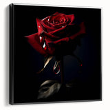 Framed botanical wall art featuring a detailed rose design on a black background, showcasing elegant floral aesthetics for modern home decor.