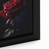Close-up of a framed botanical rose wall art canvas showcasing intricate floral details, vibrant colors, and elegant design elements, perfect for home decor.