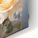 Close-up of a botanical wall art piece showcasing a delicate rose design in vibrant colors, printed on acrylic glass, perfect for home decor and floral enthusiasts.