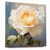 Botanical rose wall art design mounted on acrylic glass, showcasing vibrant floral colors and intricate details, perfect for enhancing home decor.