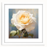 Framed botanical wall art featuring a delicate rose design, showcasing intricate floral details in soft pastel colors, set against a white mat for an elegant display.