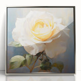 Framed acrylic wall art featuring a botanical rose design in silver, showcasing intricate details of the rose petals and leaves, perfect for home decor.