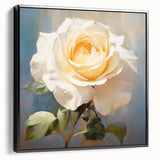 Framed wall art showcasing a detailed botanical rose design on canvas, featuring a sleek black frame and elegant side view, perfect for home decor.