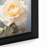 Close-up of a framed canvas artwork showcasing a botanical rose design in vibrant colors, perfect for home decor or floral-themed interiors. Ideal for wall art enthusiasts.