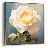 Framed botanical wall art featuring an elegant rose design in soft hues, showcased from a silver side view, perfect for home decor enhancement and floral aesthetics.