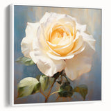 Framed canvas wall art showcasing a botanical rose design in soft pink and green hues, set against a white background, ideal for home decor enhancement.