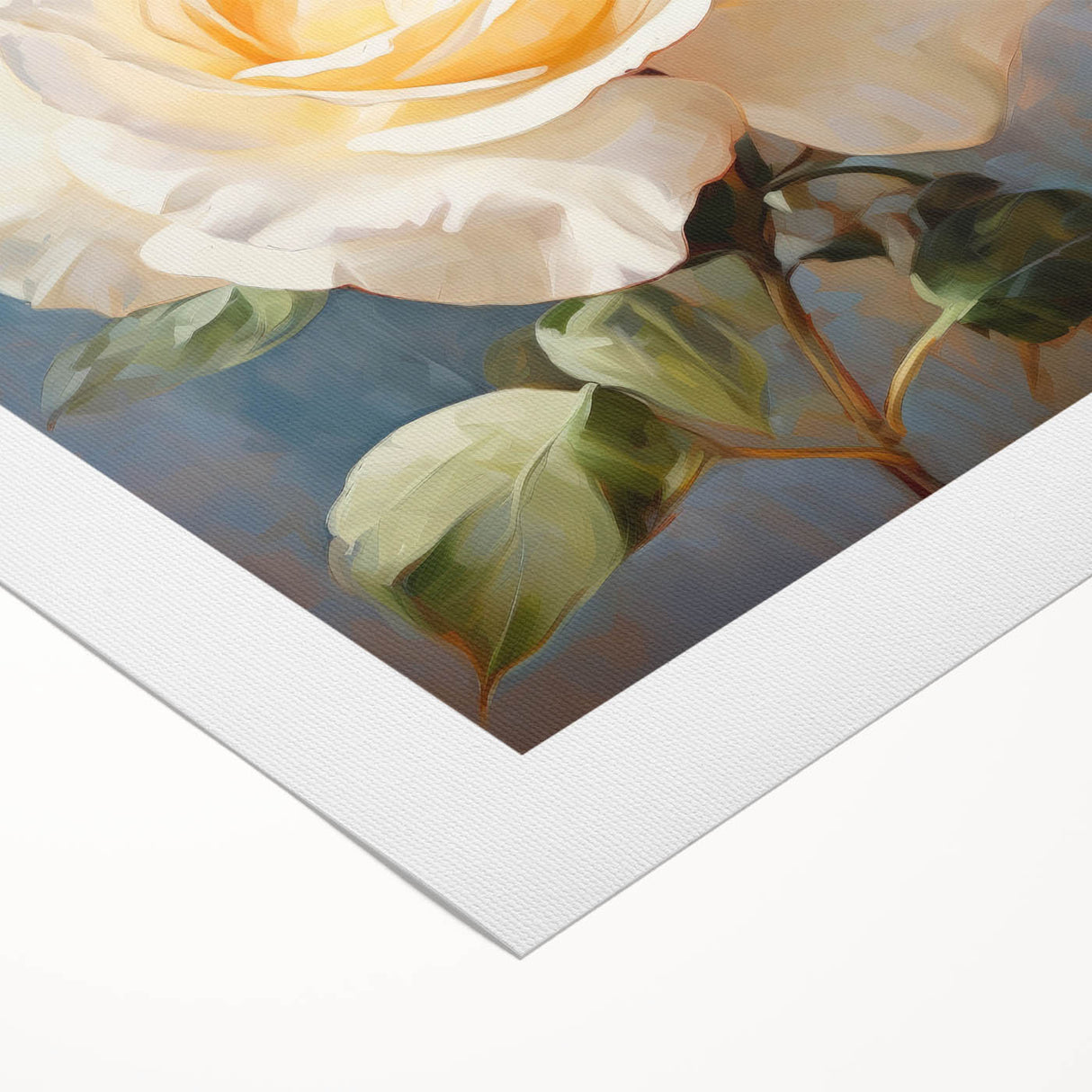 Botanical rose design on rolled canvas, showcasing intricate floral details in soft pink and green hues, perfect for home decor or art collection.