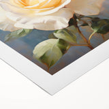 Botanical rose design on rolled canvas, showcasing intricate floral details in soft pink and green hues, perfect for home decor or art collection.